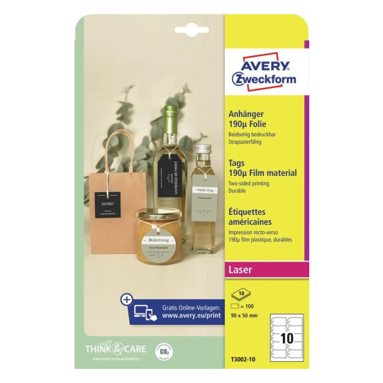Avery Zweckform® Printable Durable Tags with Strings - T3002-10