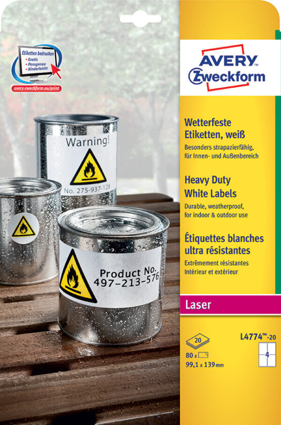 Avery Zweckform® White Heavy Duty Labels, Polyester-L4774-20