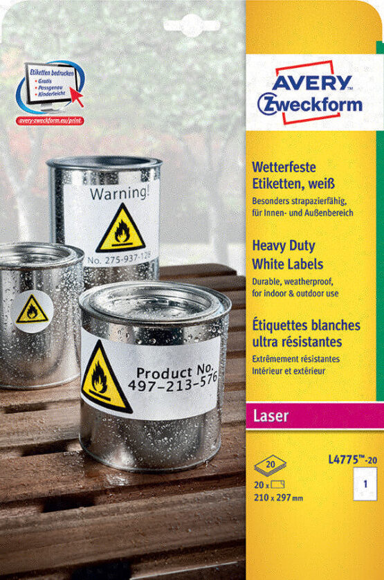 Avery Zweckform® White Heavy Duty Labels, Polyester-L4775-20
