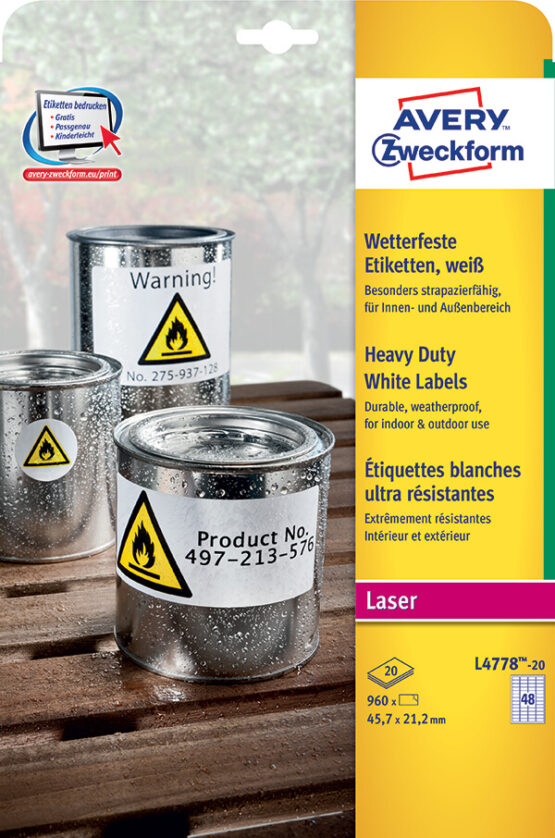 Avery Zweckform® White Heavy Duty Labels, Polyester-L4778-20